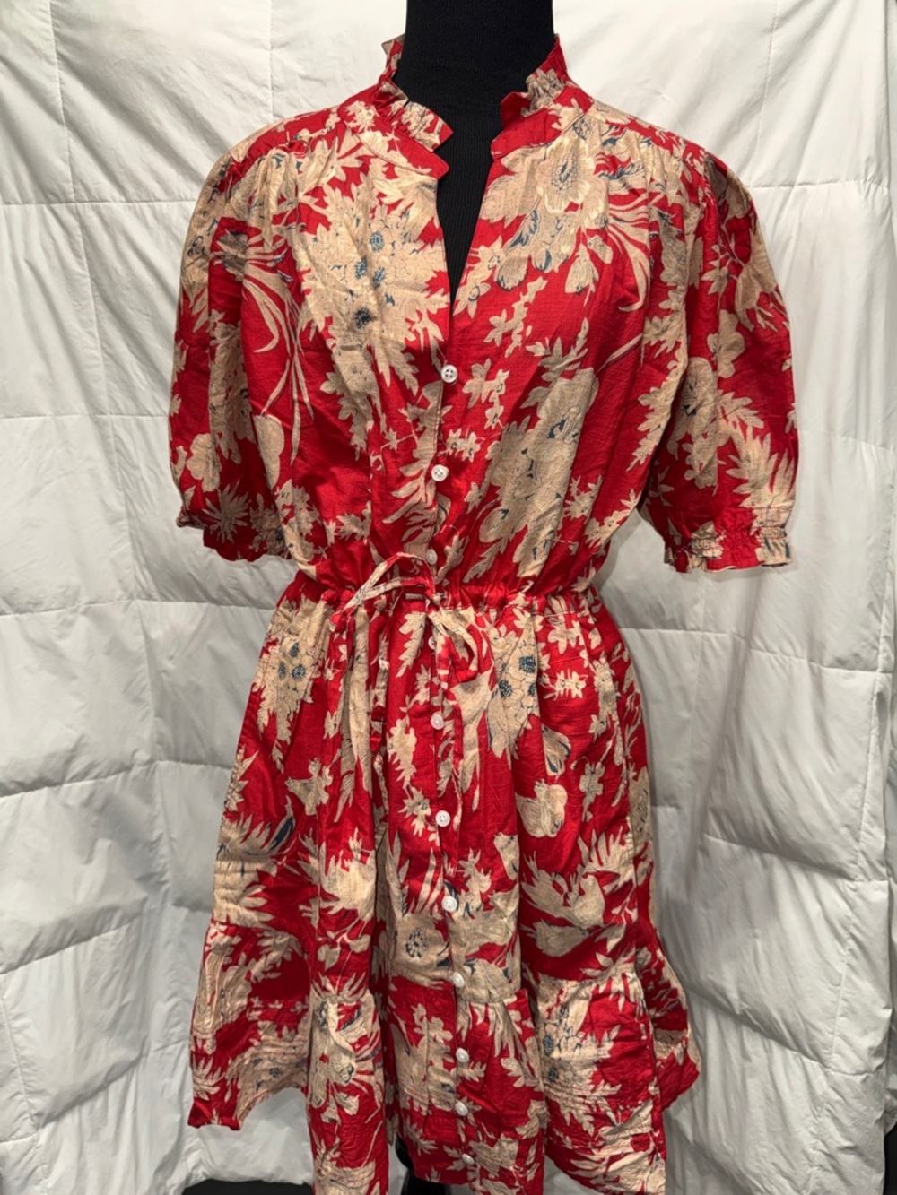 dylan Red Floral Button-Front Mini Dress with Drawstring Waist